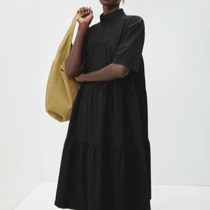 NWT EVERLANE Tiered Mockneck Cotton Dress in Black - XXS